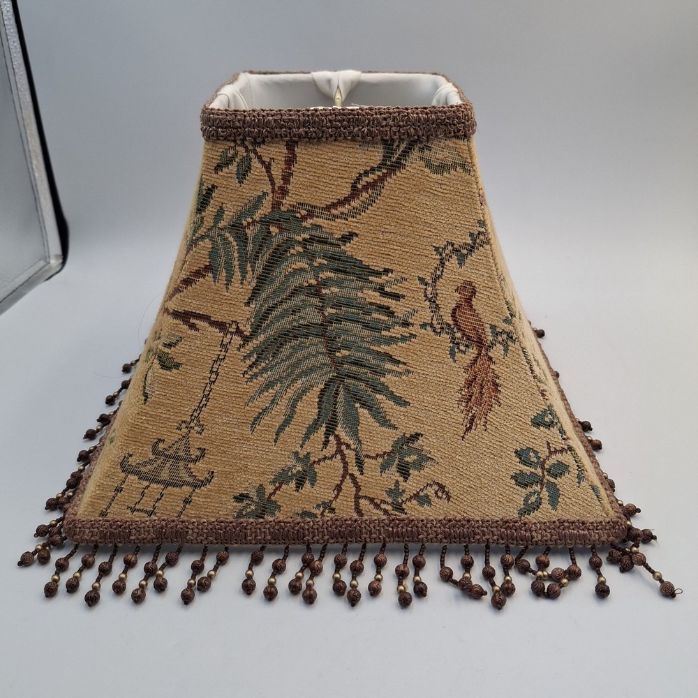 Vintage Chinoiserie Tapestry Lamp Shade Square Beaded Fringe Pagoda Birds Palm